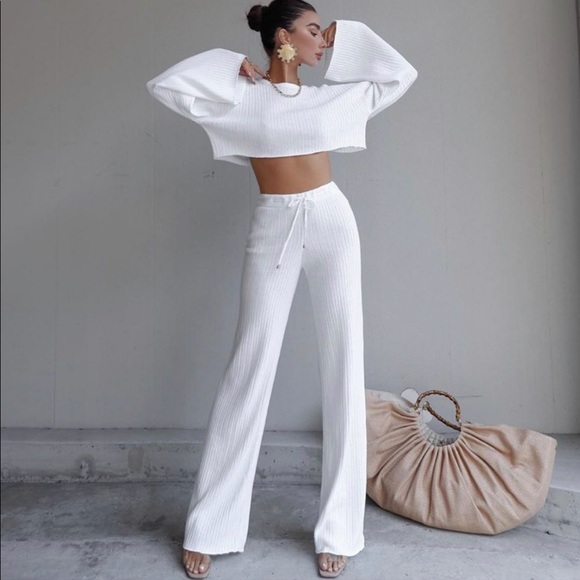 Hello Molly Pants - Hello Molly Seven Wonders White Knit Set Crop Top S & Wide Leg Flare Pants M